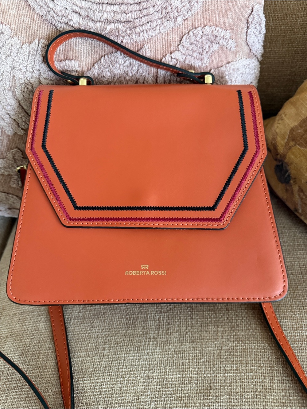 Roberta Rossi Orange Top-Handle Satchel with Contrast Stitching